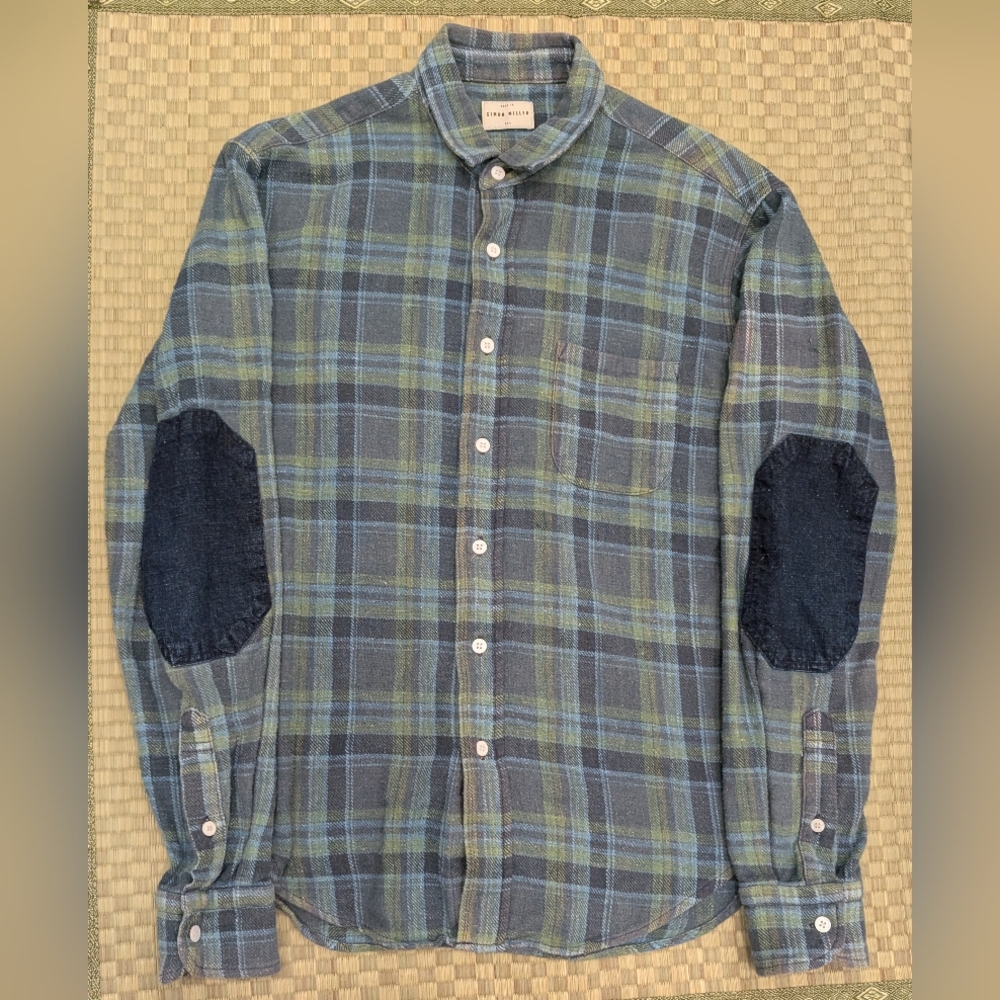 Simon Miller Cotton Plaid Flannel Shirt Denim Elbow Patch Men's Sz 1 Made in USA
